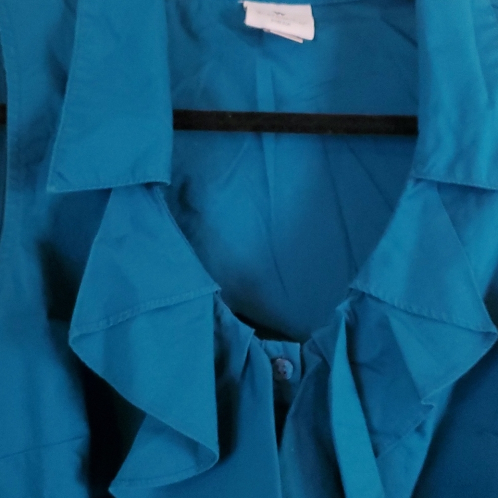 Peacock Blue Ruffle Button Down - Picture 2 of 3
